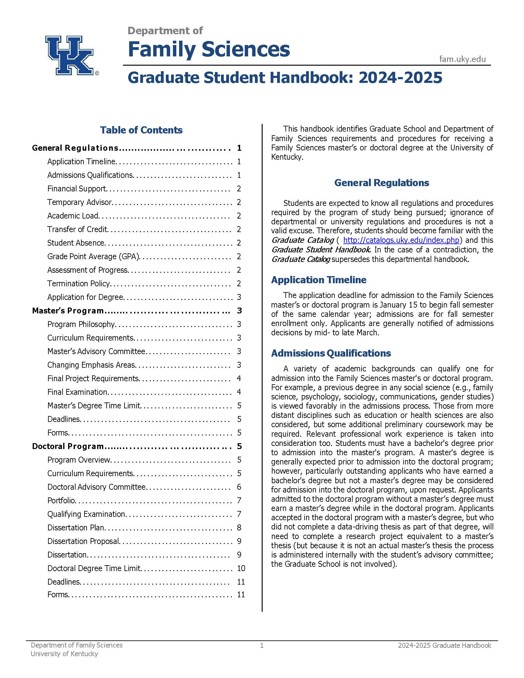 The first page of the Current Graduate Program Handbook